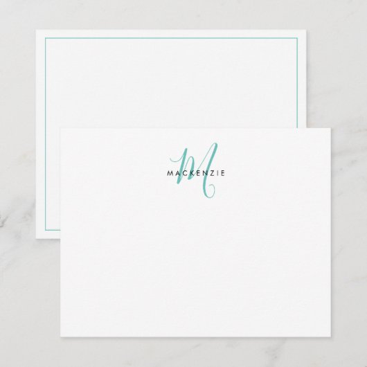 Elegantes, modernes Aquamarines Script Monogram Mitteilungskarte (Vorne/Hinten)