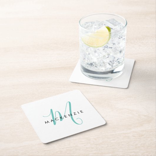 Elegantes, modernes Aquamarines Script Monogram Rechteckiger Pappuntersetzer (Vor Ort)