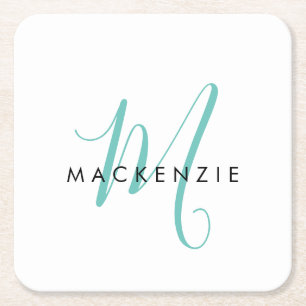 Elegantes, modernes Aquamarines Script Monogram Rechteckiger Pappuntersetzer
