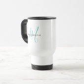 Elegantes, modernes Aquamarines Script Monogram Reisebecher (Vorderseite Links)