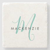 Elegantes, modernes Aquamarines Script Monogram Steinuntersetzer (Vorderseite)
