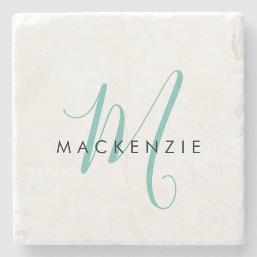 Elegantes, modernes Aquamarines Script Monogram Steinuntersetzer (Vorderseite)