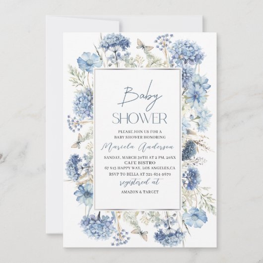 Elegantes modernes Aquarell Blue Blwers Baby Showe Einladung (Vorderseite)