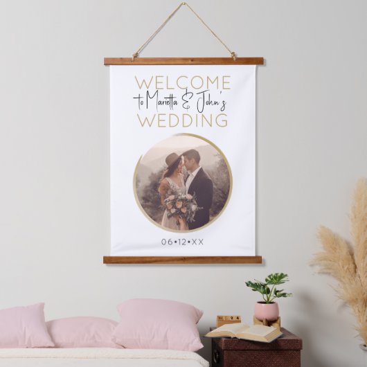 Elegantes, modernes Begrüßungszeichen in Weiß und  Wandteppich Mit Holzrahmen (Schlafzimmer)