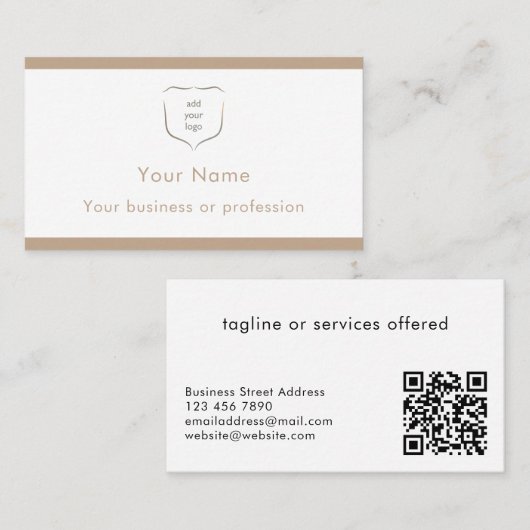 Elegantes modernes beiges Logo QR-Code Professiona Visitenkarte (Vorne/Hinten)