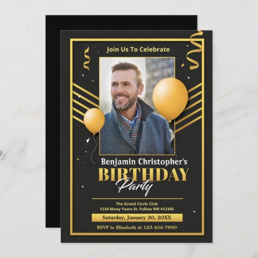 Elegantes, modernes Black Gold Foto Party Ankündigung (Vorne/Hinten)