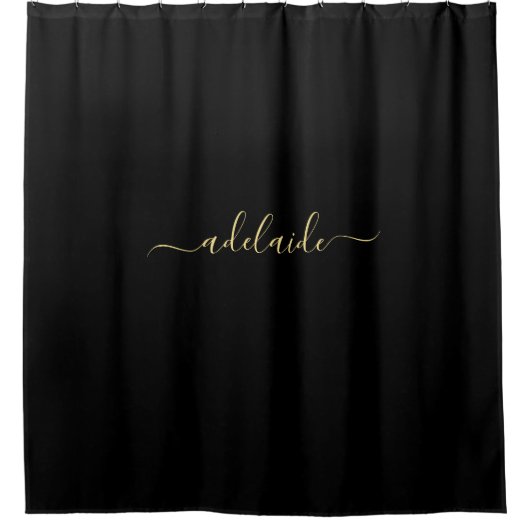 Elegantes, modernes Black Gold Monogram Name Scrip Duschvorhang (Vorderseite)