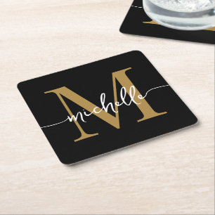 Elegantes, modernes Black Gold Monogram Name Scrip Rechteckiger Pappuntersetzer