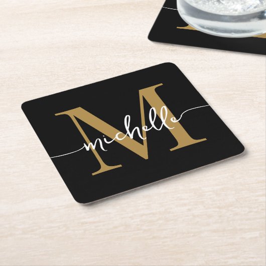 Elegantes, modernes Black Gold Monogram Name Scrip Rechteckiger Pappuntersetzer (angewinkelt)