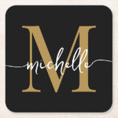 Elegantes, modernes Black Gold Monogram Name Scrip Rechteckiger Pappuntersetzer (Vorderseite)