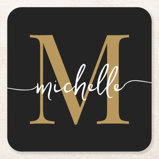Elegantes, modernes Black Gold Monogram Name Scrip Rechteckiger Pappuntersetzer (Vorderseite)