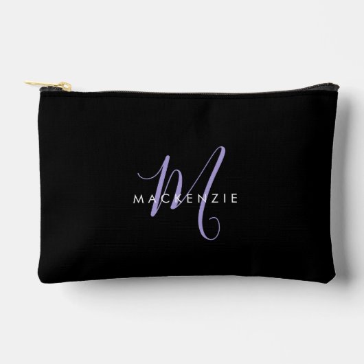 Elegantes, modernes Black Lavender Script Monogram Zubehörtasche (Vorderseite)