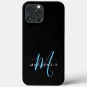 Elegantes, modernes Black Sky Blue Script Monogram Case-Mate iPhone Hülle (Rückseite)