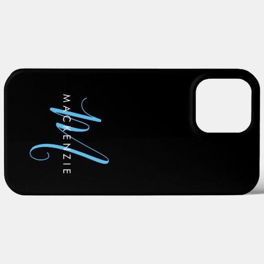 Elegantes, modernes Black Sky Blue Script Monogram Case-Mate iPhone Hülle (Rückseite (Horizontal))