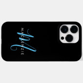 Elegantes, modernes Black Sky Blue Script Monogram Case-Mate iPhone Hülle (Rückseite (Horizontal))