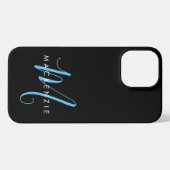 Elegantes, modernes Black Sky Blue Script Monogram iPhone Hülle (Rückseite (Horizontal))