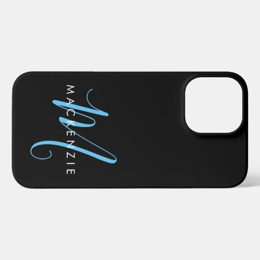 Elegantes, modernes Black Sky Blue Script Monogram iPhone Hülle (Rückseite (Horizontal))
