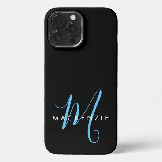 Elegantes, modernes Black Sky Blue Script Monogram iPhone Hülle (Rückseite)