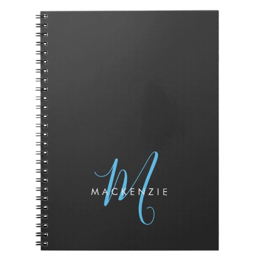 Elegantes, modernes Black Sky Blue Script Monogram Notizblock (Vorderseite)
