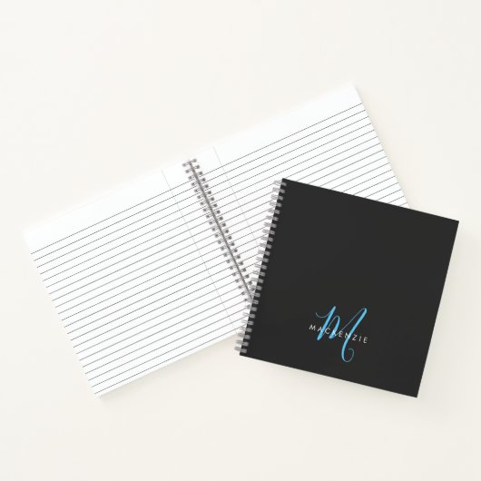 Elegantes, modernes Black Sky Blue Script Monogram Notizblock (Innenseite)