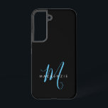 Elegantes, modernes Black Sky Blue Script Monogram Samsung Galaxy Hülle<br><div class="desc">Elegante moderne Black Sky Blue Script Monogram Phone Case. Ein elegantes Himmelblau-Skript-Monogramm kombiniert mit einem weißen San-Serif-Schriftart verleiht dem Ganzen einen zeitgemäßen Look.</div>