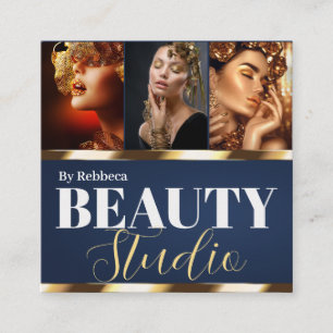 Elegantes modernes blau-goldenes Beauty-Salon 3 Fo Quadratische Visitenkarte