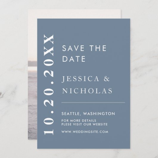 Elegantes, modernes, blaues einfaches Hochzeitssze Save The Date (Vorne/Hinten)