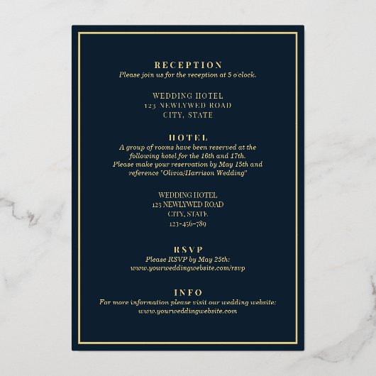 Elegantes, modernes blaues Gold in einer Hochzeit Folieneinladung (Rückseite)