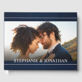 Elegantes modernes Blue Foto Wedding Guest Book Gästebuch (Vorderseite)