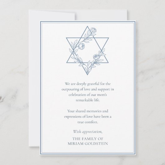 Elegantes modernes Blue Jewish Star Beileid Dankeskarte (Vorderseite)