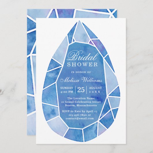 Elegantes, modernes Blue Watercolor Gem Brautparty Einladung (Vorne/Hinten)
