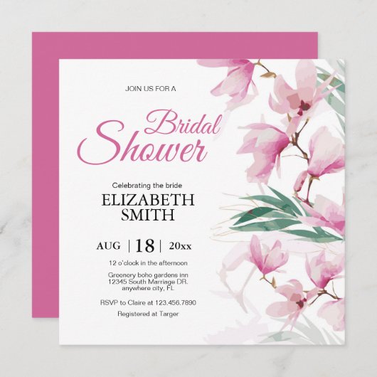 Elegantes modernes Brautparty mit rosafarbenen Blu Einladung (Vorne/Hinten)