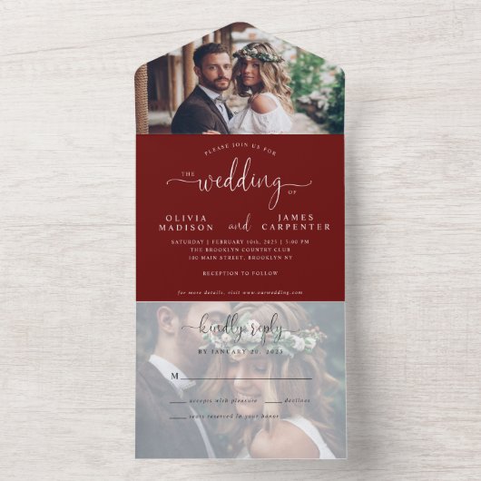 Elegantes, modernes Burgundy Rotes Skript 2 Foto H All In One Einladung (Innen Boden)