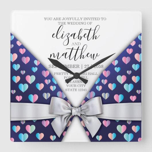 Elegantes modernes Design für Bow und Herz-Speckle Quadratische Wanduhr (Vorderseite)