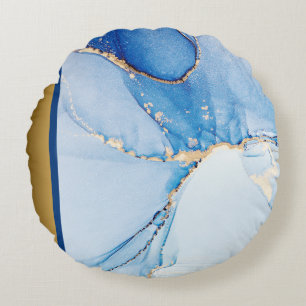 Elegantes, modernes Design in Blau und Gold-Marmor Rundes Kissen