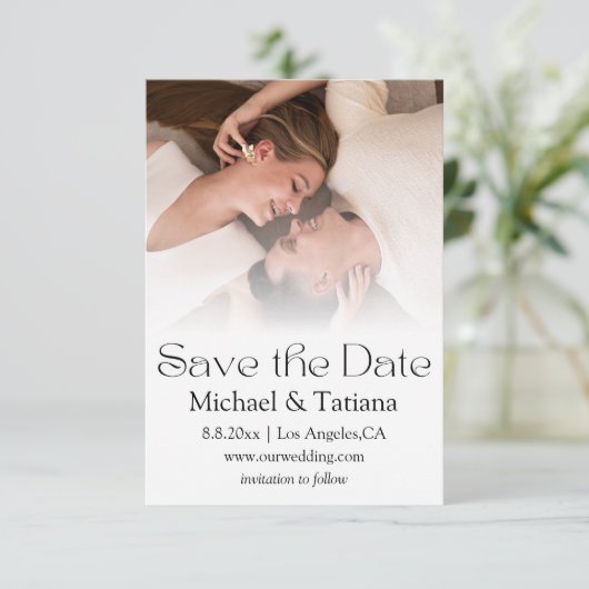elegantes, modernes Drehbuch verblasst Foto Save The Date (Stehend Vorderseite)