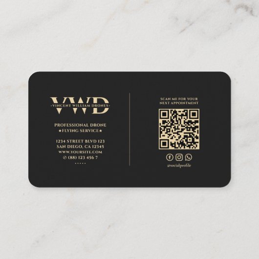 Elegantes, modernes Drone-Operator-Gold-Monogramm Visitenkarte (Rückseite)