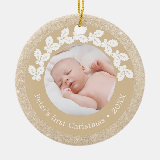 Elegantes, modernes First Christmas Baby Foto Keramik Ornament (Vorne)