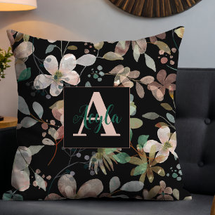 Elegantes modernes Floral-Wasser auf Schwarz Monog Kissen
