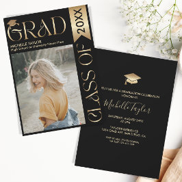 Elegantes, modernes Foto Gold Black Graduate Einladung