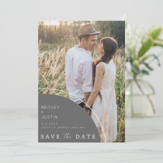 Elegantes modernes Foto Hochzeit retten Datum Save The Date (Stehend Vorderseite)