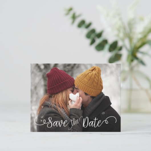 Elegantes modernes Foto Hochzeit Weiß Save the Dat Ankündigungspostkarte (Stehend Vorderseite)