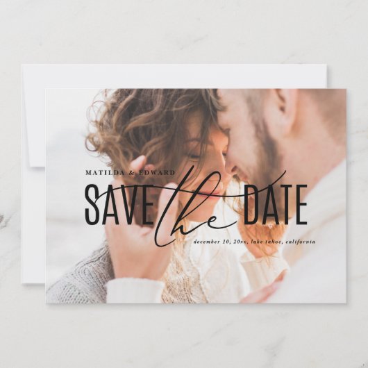 Elegantes modernes Foto in Schwarz und Gold Save t The Date (Vorderseite)
