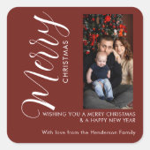 Elegantes modernes Foto-Weihnachtsetikett | Frohe Quadratischer Aufkleber (Vorderseite)