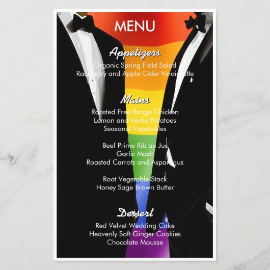 Elegantes, modernes Gay Men Rainbow Wedding Menu (Rückseite)