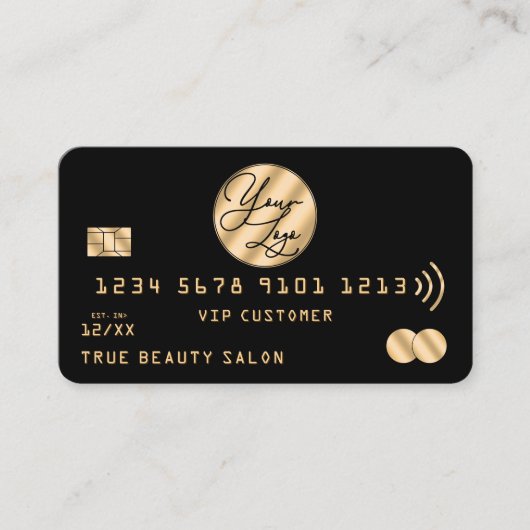Elegantes, modernes Gold Black Credit Card Logo Visitenkarte (Vorderseite)