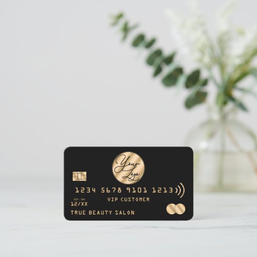 Elegantes, modernes Gold Black Credit Card Logo Visitenkarte (Stehend Vorderseite)