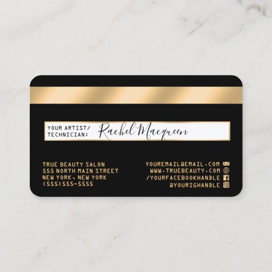 Elegantes, modernes Gold Black Credit Card Logo Visitenkarte (Rückseite)