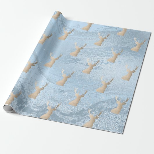 Elegantes, modernes Gold & blaues Weihnachtshirsch Geschenkpapier (Ungerollt)