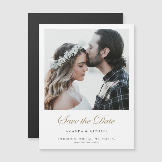 Elegantes, modernes Gold Custom Foto Save the Date Magneteinladung (Vorne/Hinten)